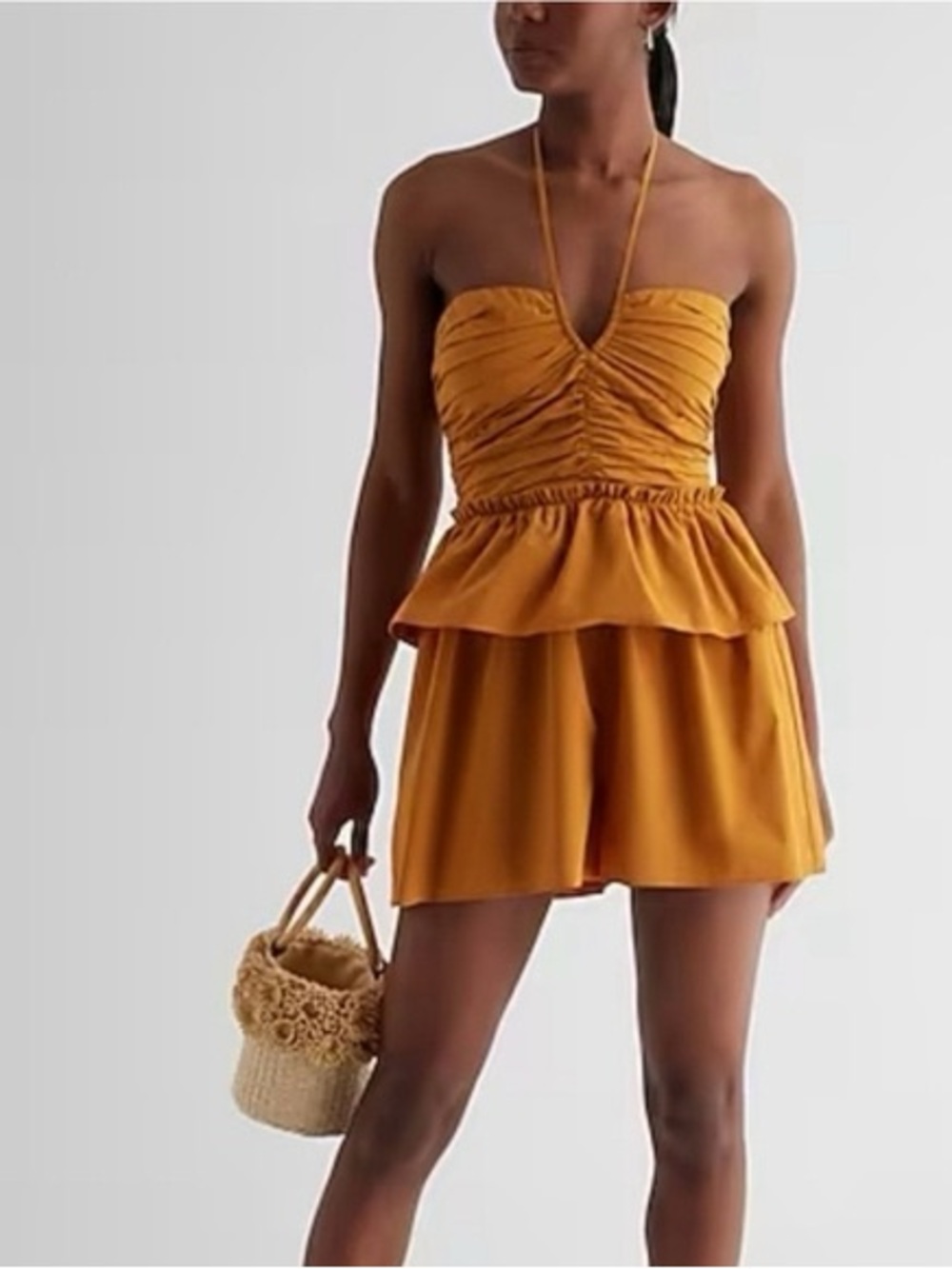 Express Mustard Strapless Ruched Peplum Mini Dress - Picture 1 of 6